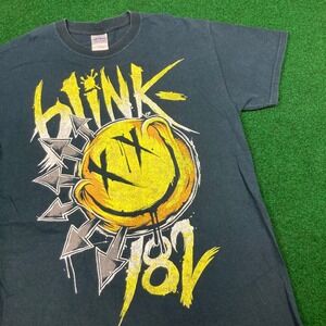 Vintage Blink 182 Shirt Mens Blue Yellow Pop Punk Rock Band Smiley Gildan Y2K